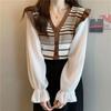 Camisa de punto con costuras a rayas, manga acampanada, cárdigan de punto perezoso, otoño e invierno 2023, ropa exterior de cuello en V para mujer, top largo para mujer