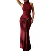 ZM26445 Novo vestido de noite da Amazon, elegante vestido colete de tricô com gola alta e retalhos para afinar a cintura com fitas para mulheres