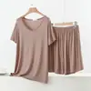 Conjunto informal de dos piezas para mujer, camiseta de manga corta con cuello en V talla grande y shorts, conjunto de pijama de modal de verano