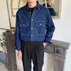 Camisa de mezclilla azul oscuro de diseño nicho para primavera y otoño para hombres, top interior de capa gruesa vintage holgado