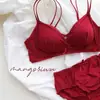 Ropa Interior Francesa Sedosa con Borde de Volantes para Niñas Ligera Transpirable Doble Tirante Sin Varillas Pequeña Recogida de Pecho Conjunto de Sujetador Verano