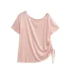 Blusa Manga Off-Shoulder Fina Casual com Cordão para Esportes Cobertura de Verão Solta Emagrecedora com Franzido Lateral e Amarração Top