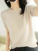 Malharia Pulôver para Mulheres, Gola Redonda Não-Caxemira, Manga Curta, Solta, Camiseta com Malharia Tricotada, Top Curto Primavera e Outono