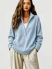 Suéter Feminino Gola V Malha Waffle Cruzada Europeia e Americana Primavera e Outono Estilo Preguiçoso Solto Top Pulôver Casual
