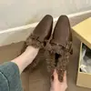 Tendencia de Moda Coreana 2026 Nuevo Estilo Elegantes Mocasines de Cuero con Hebilla y Piel, Punta Cuadrada, Tacón Grueso, Zapatos de Invierno/Otoño con Forro de Terciopelo
