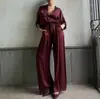 Traje Casual de Satén de Venta Caliente de Comercio Exterior para Mujer Primavera y Otoño Nuevo Estilo Solapa Manga Larga Camisa Suelta Pantalones de Cintura Alta Conjunto de Dos Piezas