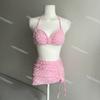 [3 colores] Nuevo traje de baño de tela de toalla rosa, sexy, de cintura alta, que cubre el vientre, para vacaciones en aguas termales, traje de baño dividido de tres piezas