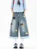 Pantalones Cortos de Mezclilla Cropped a Cuadros con Bordado de Marca Tendencia Verano 2026 Estilo Americano Sueltos de Pierna Ancha Unisex