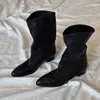 Botas de montar de piel de oveja estilo retro western francés con tacón grueso y punta fina, para mujer, de pierna ancha, adelgazantes, sencillas, de media pantorrilla