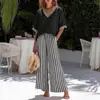 Conjunto Nuevo de Algodón y Lino de Verano para Mujer, Top Holgado de Manga Corta con Cuello en V, Conjunto de Dos Piezas con Pantalones de Pierna Ancha a Rayas, Ropa Casual Transfronteriza