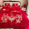 Juego de cuatro piezas de algodón puro nuevo de alta gama para boda, funda de edredón de algodón puro rojo brillante para boda, sábana, juego de ropa de cama para novia