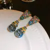 Pendientes Vintage de Plata con Forma de Rombo y Gota de Aceite Estilo Palacio Retro Exquisitos Pendientes de Botón Lujo Ligero Pendientes de Gama Alta