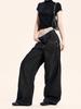 Calça Jeans de Trabalho Yongfang Estilo Retrô Americano Preta para Homens e Mulheres Casual Solta Cleanfit Perna Larga Lavada Reta