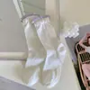 Calcetines de Punto Fino con Lazo Floral Dulce para Mujer, Estilo Veraniego Delgado, Estilo Coreano con Etiquetas de Tela, Borde de Encaje, Calcetines Fruncidos