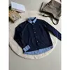 Camisa de Manga Larga con Empalme a Cuadros Azul Marino Falsa de Dos Piezas Estilo Miu Preppy Chaqueta Camisa para Hombre Talla M