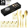 Conjunto de talheres de aço inoxidável com diamantes e estrela da Amazon, conjunto de faca, garfo e colher para bife ocidental, 24 peças, caixa de presente