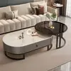 Mesa de café de piedra sinterizada Sala de estar Hogar Lujo ligero Moderna Simple Ovalada Mesa de café Madre-Hijo Celebridad de Internet Apartamento pequeño con cajón Mesa de té