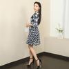 Verano Nueva Llegada Negro Acuarela Floral Estampado Costuras Vestido de Gasa de Una Pieza Cintura Ceñida Tirantes Manga Siete Puntos Vestido Sobre el Cuerpo