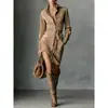 Blusa de Moda de Gamuza Estilo Nuevo Engrosada de Manga Larga con Cuello de Solapa, Vestido Camisa Corto de Botones Sencillos con Cinturón en Color Camel