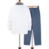 Conjunto de Camisa de Cuello Cubano para Hombre Europeo y Americano al por Mayor en Stock, Camisa de Manga Larga con Solapa de Bloques de Color, Conjunto de Dos Piezas de Pantalones Largos Casual