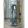 Jeans Azul Claro Lavados Arrugados de Tiro Bajo Microcampana para Mujer, Nuevo Estilo de Verano, Elásticos y Adelgazantes, Pantalones Petite Bootcut