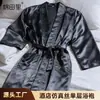 Bata de Baño Imitación Seda Transfronteriza de Comercio Exterior Lujo Ligero Delgada de Satén Bata de Pijama Bata de Belleza SPA Bata de Baño de Hotel Negro