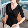 Camiseta con Botones para Mujer 2024 Nueva Moda Cuello en V Cruzado Top de Algodón con Dobladillo Irregular y Diseño de Ceñido a la Cintura