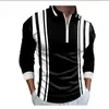 Nova camisa polo casual confortável de primavera e outono, com estampa 3D, manga longa, zíper, listrada, gola padre, camisa polo para atividades ao ar livre