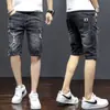 Shorts Jeans de Verão Finos Elásticos Plus-Size para Homens, Rasgados Slim Retos Juvenis Comprimento do Joelho Casuais