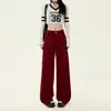 Jeans Novo Estilo de Outono Cor Vermelho Ancola Cintura Alta Perna Larga para Mulheres, Emagrecimento, Versátil, Retrô, Solto, Calça de Comprimento Total para Primavera