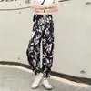 Nuevo Estilo Verano Pantalones de Seda de Hielo con Puño Elástico y Flores Pantalones Acampanados Elásticos para Mamá Pantalones de Verano Florales para Mujeres de Mediana Edad