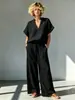 2026 Amazon Verano Transfronterizo Europeo y Americano Nuevo Conjunto de Camisa Casual de Algodón y Lino de Manga Corta con Cuello en V + Pantalones de Pierna Ancha para Mujer