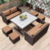 Sofá de Rattan, Jardim de Pátio, Armazenamento Combinado, Mesa e Cadeiras de Rattan, Apoio para os Pés, Laje de Pedra, Mesa de Madeira Plástica, Lazer ao Ar Livre, Estilo Simples