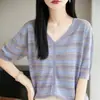 Cardigan de Lyocell a Rayas con Cuello en V y Bloques de Color de Nuevo Estilo para Verano, Camiseta de Manga Corta Estilo Coreano Simple y de Moda para Mujer