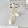 Calcetines de encaje bonitos para niños, de verano, finos, de longitud media, de camelia, de algodón peinado en blanco y negro, estilo princesa JK, para niñas.