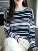 Suéter Delgado de Manga Larga Rayado de Estilo Casual con Cuello Redondo y Borde Enrollado, Otoño-Invierno, Tencel Lana, Coreano, Holgado, Versátil
