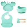 Set de Alimentación de Silicona para Bebé 4 Piezas, Babero de Silicona + Plato con Ventosa de Cangrejo + Tenedor Cuchara de Madera, Utensilios Autoalimentación para Niños Pequeños Plato de Comida Antideslizante