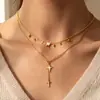 Collar de Corazón de Doble Capa y Estrella de Ocho Puntas para Mujer Cadena Gruesa de Eslabones de Clip Colgante de Corazón y Estrella de Cuatro Puntas Dulce Fresco
