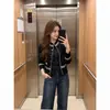 Suéter a rayas blanco y negro, cuello alto, top de punto, nuevo estilo otoño/invierno para mujer, con botones metálicos repujados, cárdigan, prenda de abrigo