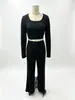Comercio Exterior Transfronterizo Europeo y Americano de Amazon Otoño e Invierno Color Sólido Elegante Top de Corte Ajustado Pantalones de Pierna Ancha de Cintura Alta Traje Casual para Mujer
