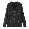 Cardigan de Comprimento Médio Chic de Alto Padrão com Decote em V, Lantejoulas Douradas, Bolso com Lapela, Estilo Socialite Francês, Outono/Inverno 2026
