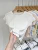 Camiseta de manga corta de seda brillante con cintura ajustada y perforación en caliente para mujer, estilo americano, 2024, top básico ajustado con hombros descubiertos y combinación perfecta.