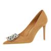9511-K59 Zapatos de tacón alto de aguja para banquetes de moda coreana, de gamuza, de boca baja, puntiagudos, con diamantes de imitación, de una sola capa, para mujer