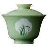 Orquídea com Desenho de Janela Pintada à Mão, Tigela de Chá com Tampa de Duas Peças, Conjunto de Chá Kung Fu Cerâmico de Parede Fina Feito à Mão, Tigela para Chá Verde, Tigela de Mão