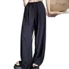 Pantalones de pierna ancha de color liso con cordón y bolsillos de seda helada, estilo nuevo de verano para mujer, pantalones casuales estilo perezoso, pantalones holgados hasta el suelo, transfronterizo