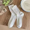 Calcetines Finos de Verano para Mujer, Caña Media con Borde de Burbujas y Encaje de Lazo, Calcetines Largos Estilo Dulce Coreano, Algodón Puro