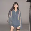 Comércio Transfronteiriço Ligeiramente Imperfeito Americano Primavera e Outono Estilo Retrô Preguiçoso Meio Zíper Jeans Moda Pulôver Top Solto e Alto