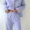 Conjunto de pijama largo de algodón puro a rayas para talla grande, manga larga y pantalón largo, holgado, 2026, otoño europeo y americano, venta al por mayor, nueva ropa de casa para mujer