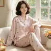 Pijama francés reductor de edad para mujer, nuevo para primavera y otoño, simple, con puntos de ola, manga larga, pantalones de seda helada, ropa de casa, traje de moda, venta al por mayor
