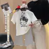Conjunto de Gato para Niña Verano Dibujos Animados Manga Corta Pantalones Acampanados Rayados Conjunto Elegante de Dos Piezas